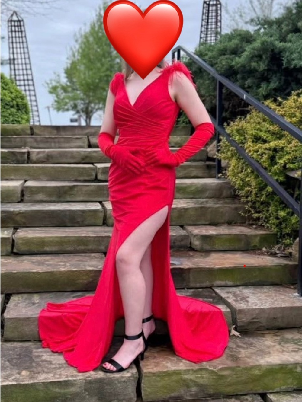 Scarlet V-Neck Prom Gown with Feathered Straps